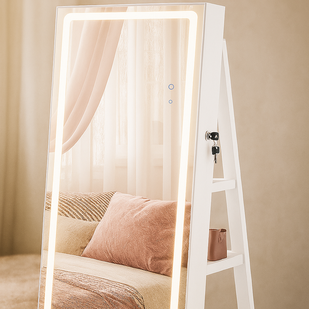 LED Mirror Jewelry Armoire with Vanity Shelf