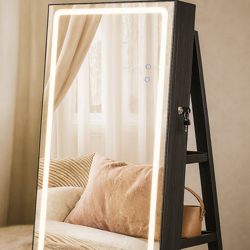 LED Mirror Jewelry Armoire with Vanity Shelf