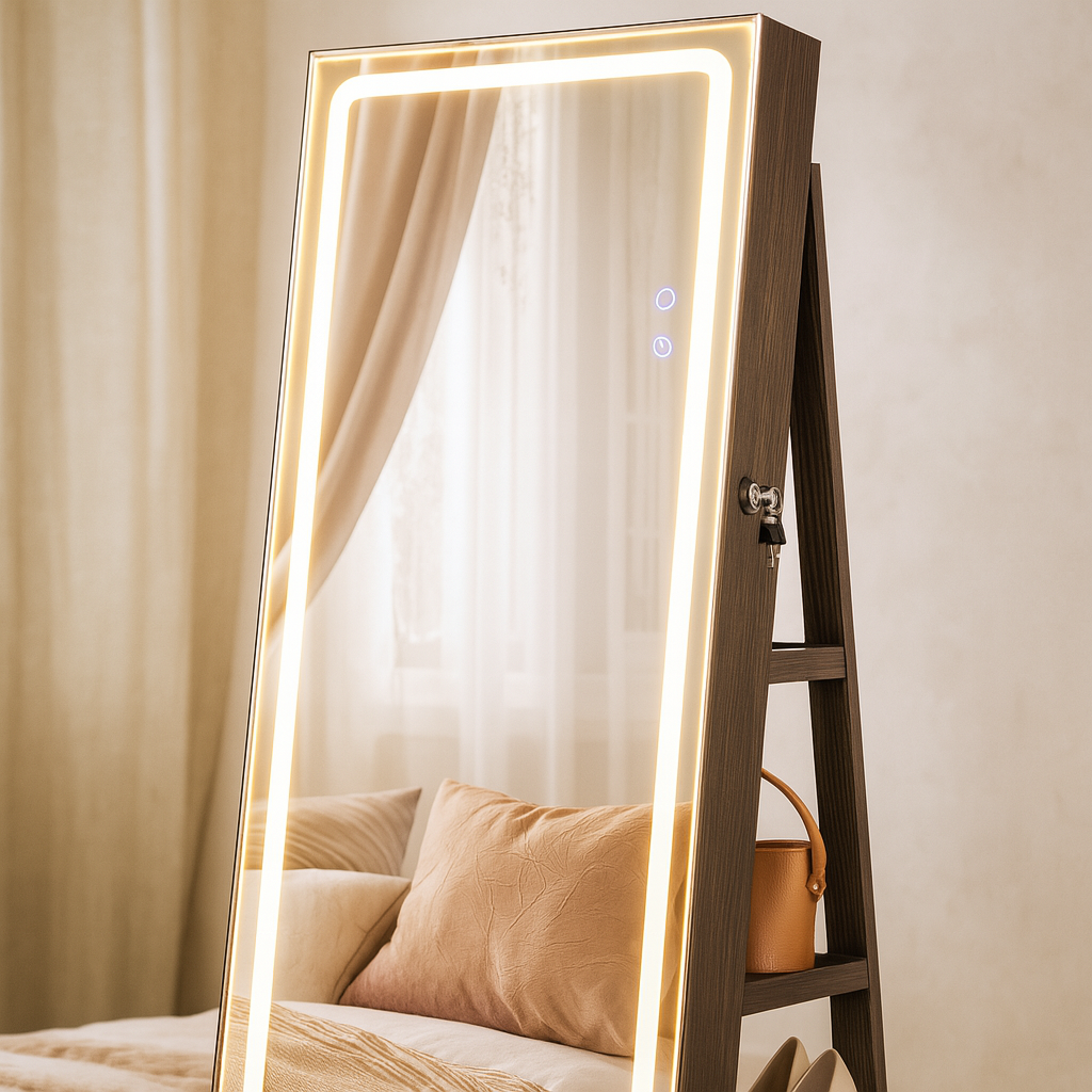 LED Mirror Jewelry Armoire with Vanity Shelf