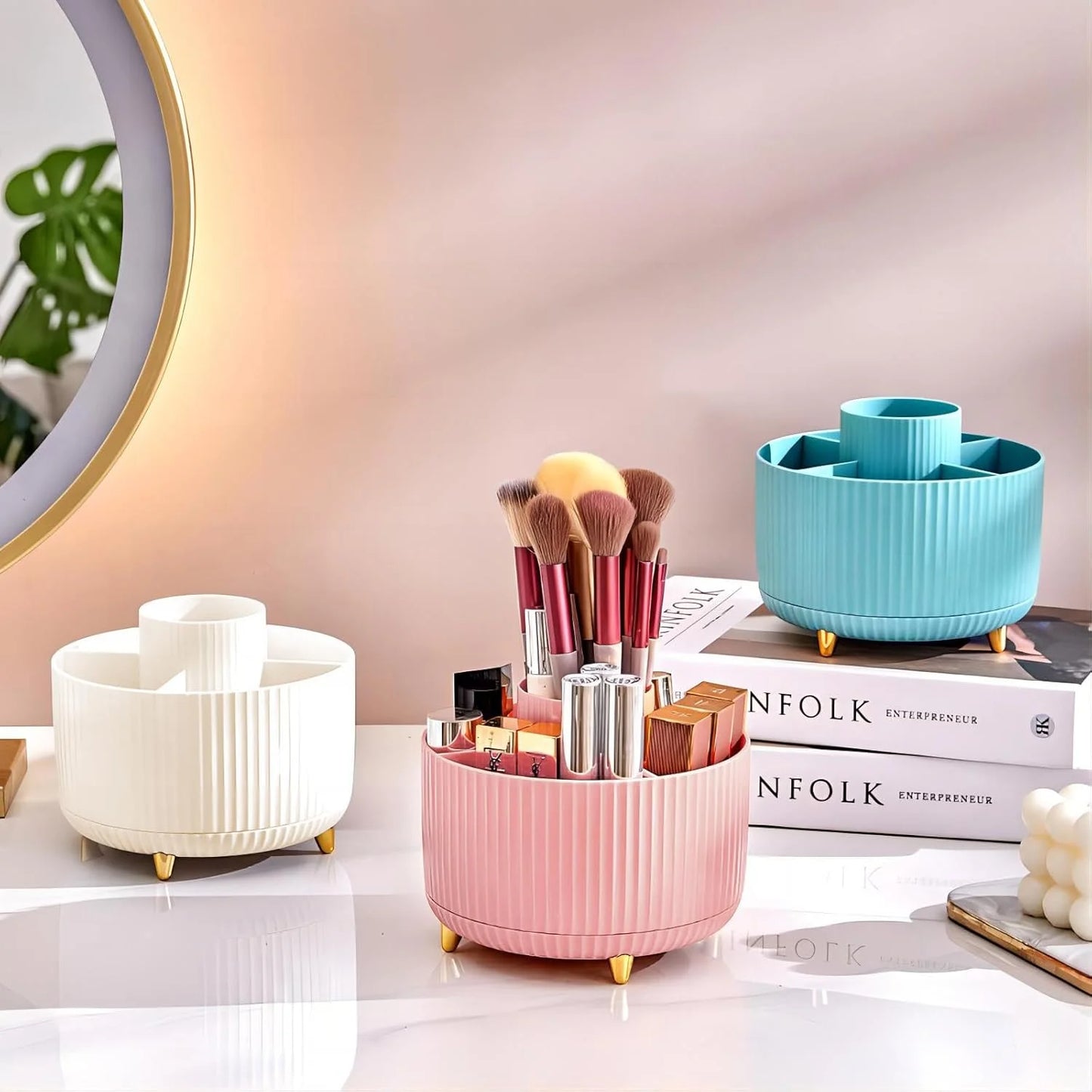 Striped Rotating Desk & Vanity Organizer